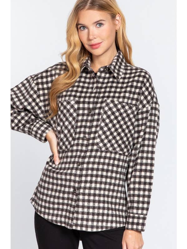 Ivy Cream brown Long Sleeve Brushed Plaid Oversized Jacket for wholesale on Faire