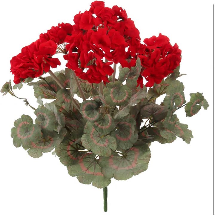 Vibrant Red Geranium Bush: 18-Inch, 7 Silk Flowers & Foliage for wholesale by Larksilk