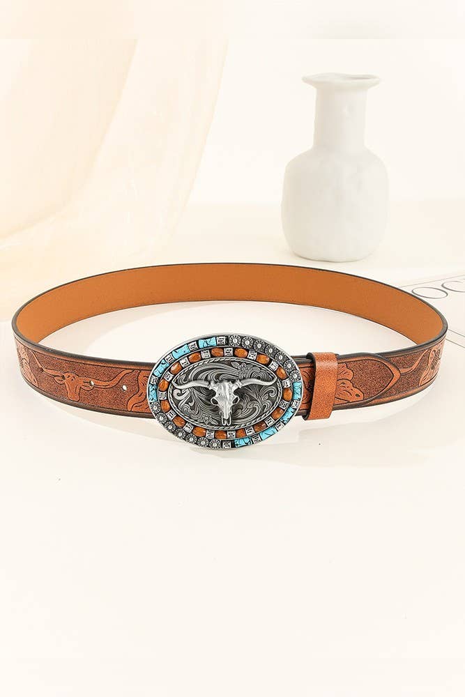 Brown Western Bull Monogram PU Leather Belt MOQ 3pcs ZK1313 for wholesale on Faire1
