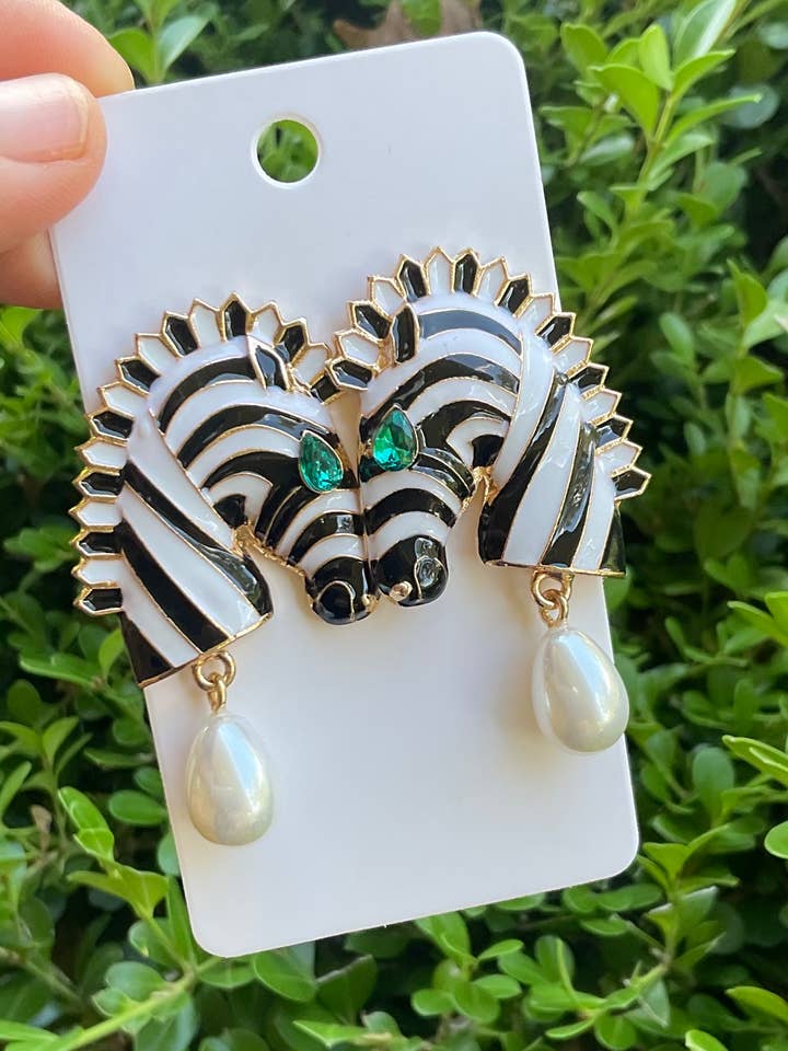 Zebra statement earrings vintage style- white for wholesale by Baubles by Maggi