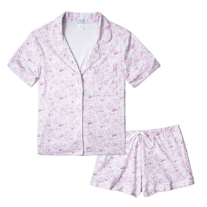 Sunset Pink Hamptons Women’s Button Front Short Pajama Set for wholesale on Faire