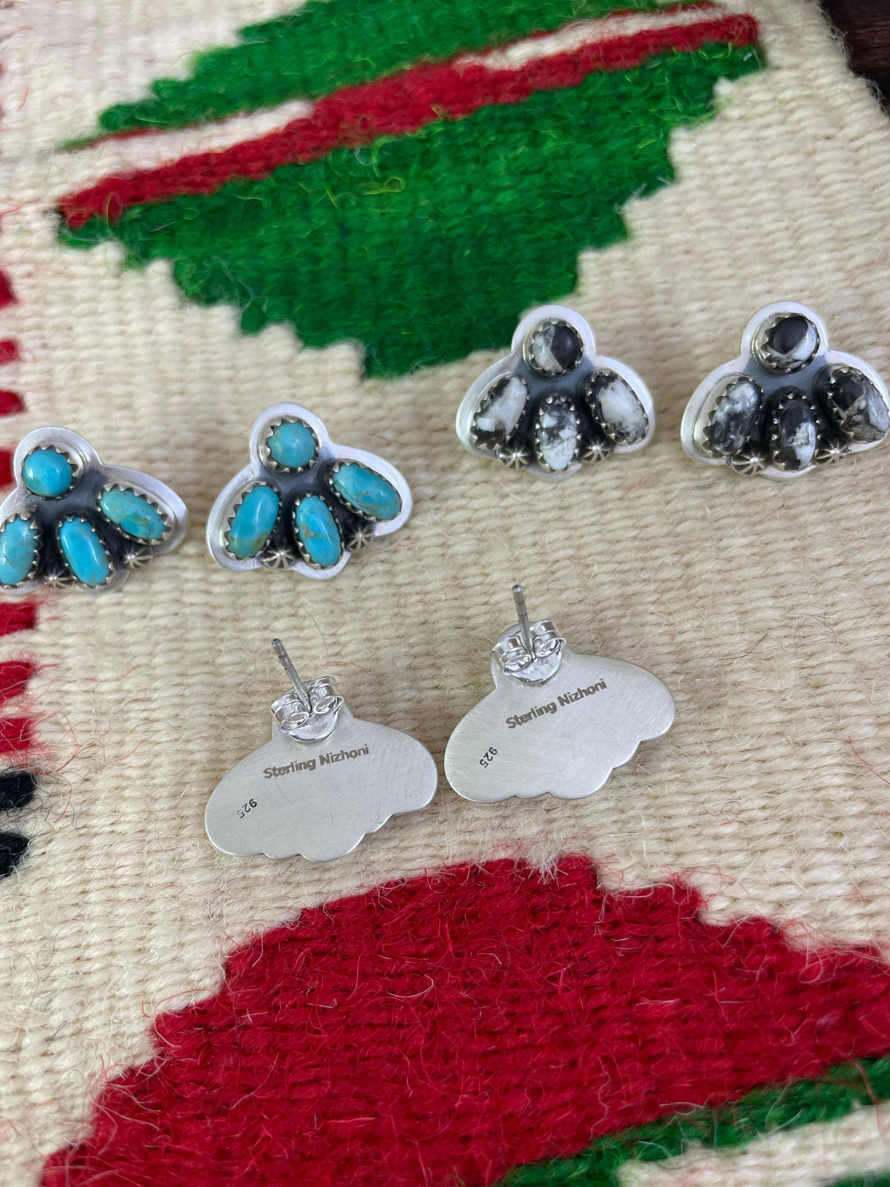 Nizhonitradersllc - Wholesale Stud/Post Earrings - Handmade Sterling Silver Red Rose Dahlia, White Buffalo, Kingman Turquoise Post Earrings, Signed Nizhoni4