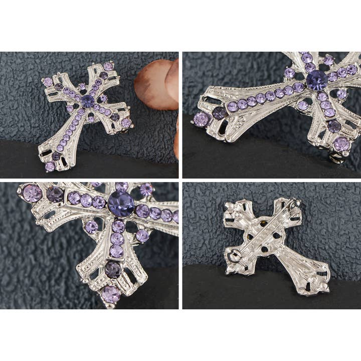 AK Brand - Wholesale Brooch - Silvery Religious Cross Brooch with Rhinestones