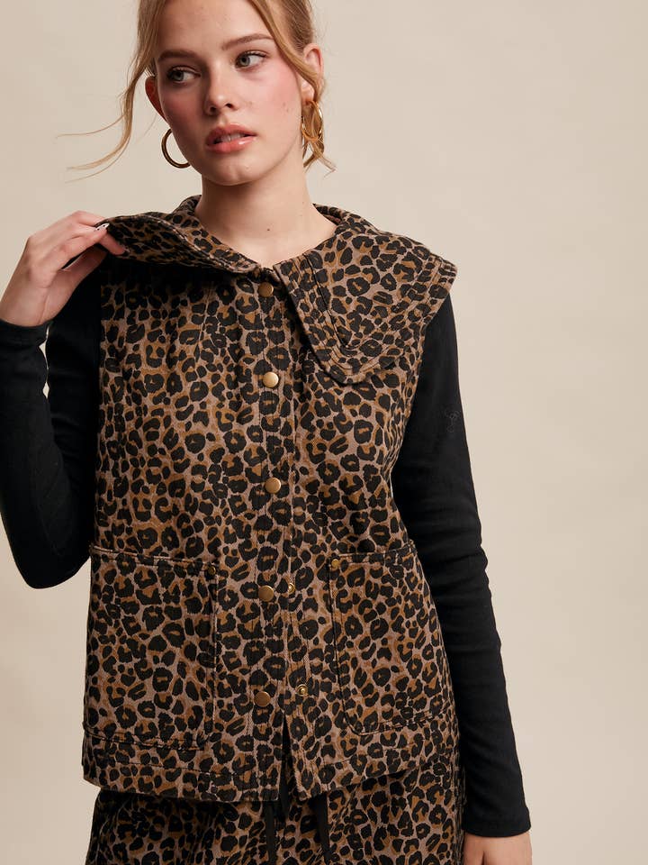 Leopard Denim Peter Pan Collar Vest LVT015 for wholesale by Listicle