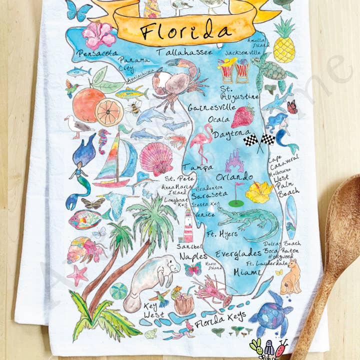 Florida State Map Beach Souvenir Coastal Tea Towel for wholesale by Avery's Home