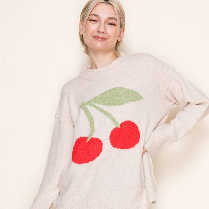 T11437 Long Sleeve Cherry Print Knit Top for wholesale by White Birch