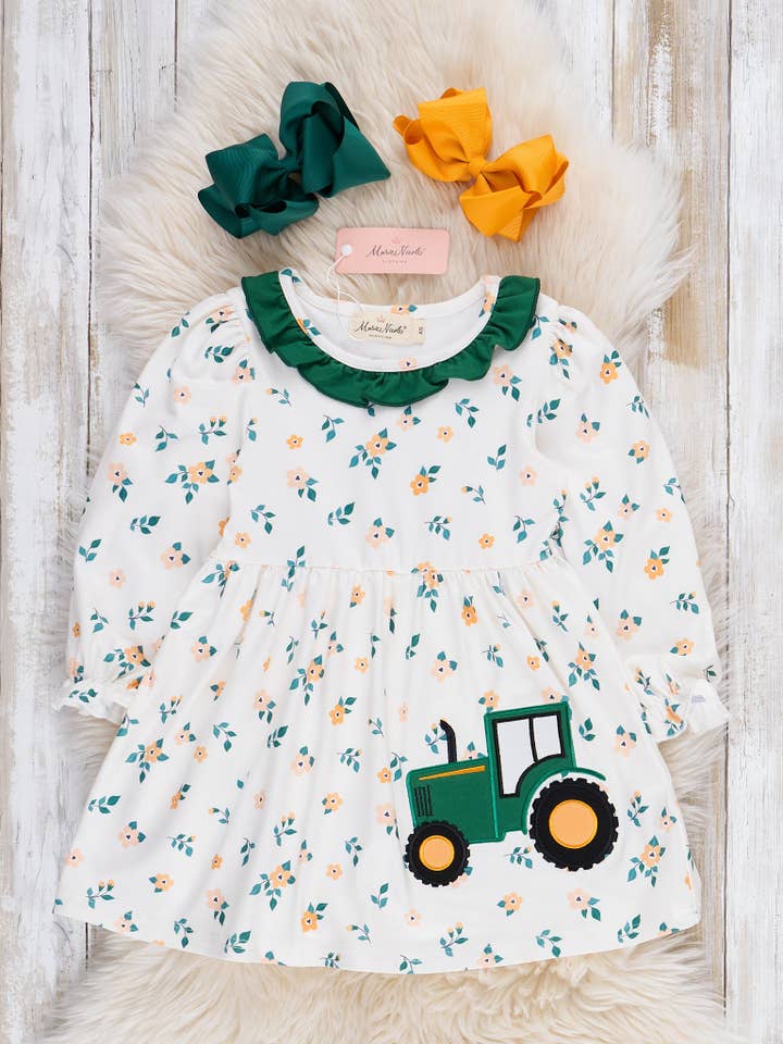 Country Ride Tractor Embroidered Dress for wholesale by Marie Nicole Clothing