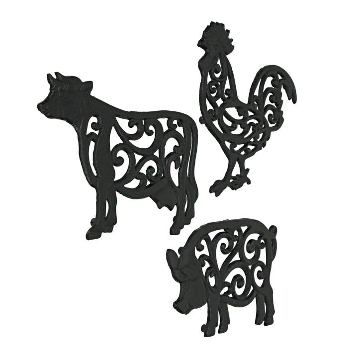 Zeckos - Wholesale Trivet - Set of 3 Black Cast Iron Farm Animal Kitchen Trivets1