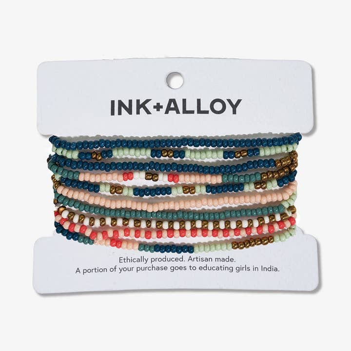 INK + ALLOY - Wholesale Jewelry Set - Sage Mixed Stripe Beaded 10 Strand Stretch Bracelet Set Teal + Poppy Wholesale1