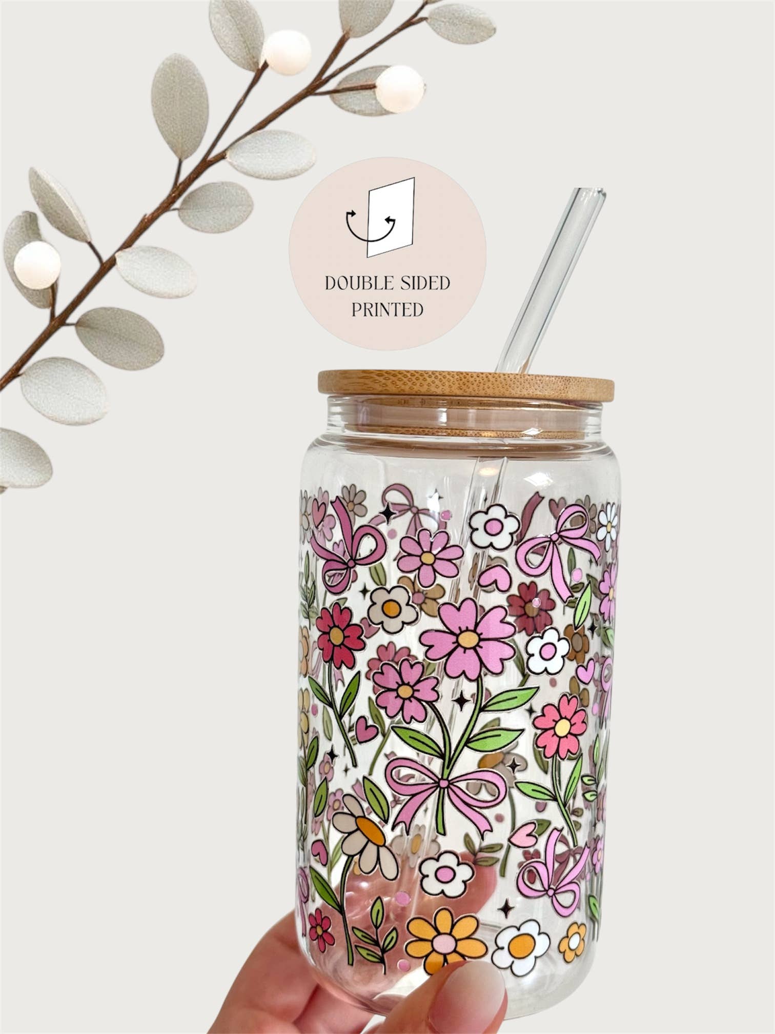 the cute cloud - Vendita all'ingrosso Bicchiere/tazza - Bicchiere in Vetro con Contorni di Fiori con Coperchio in Bambù e Cannuccia in Vetro1