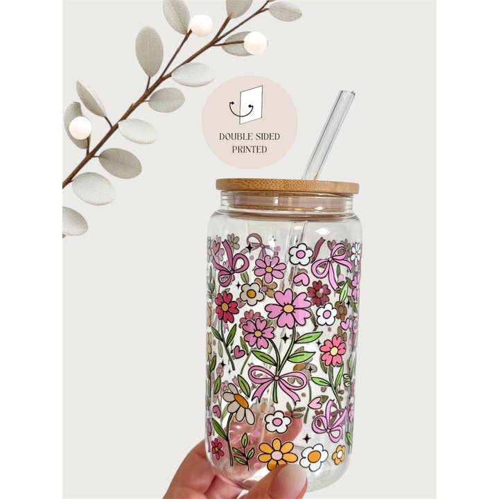 the cute cloud - Vendita all'ingrosso Bicchiere/tazza - Bicchiere in Vetro con Contorni di Fiori con Coperchio in Bambù e Cannuccia in Vetro1