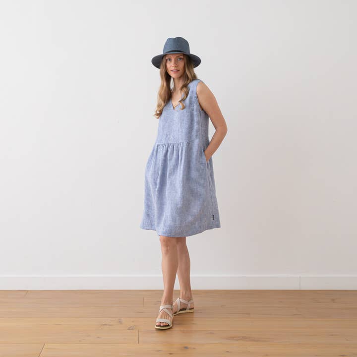 LinenMe - Wholesale Dress - Women's - Linen Dress Medium Stripe Blue Charlotte
