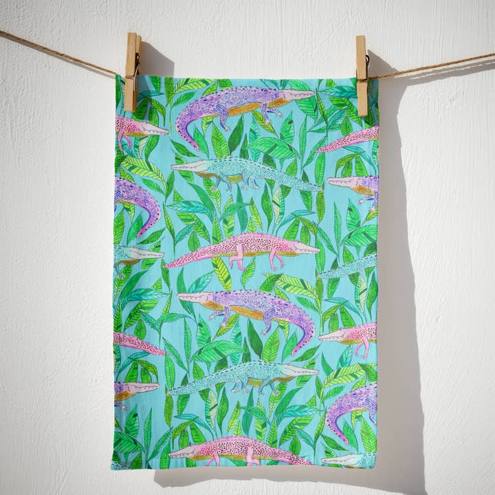Tea Towel - Gators (turquoise) for wholesale by Natalie V. Mason