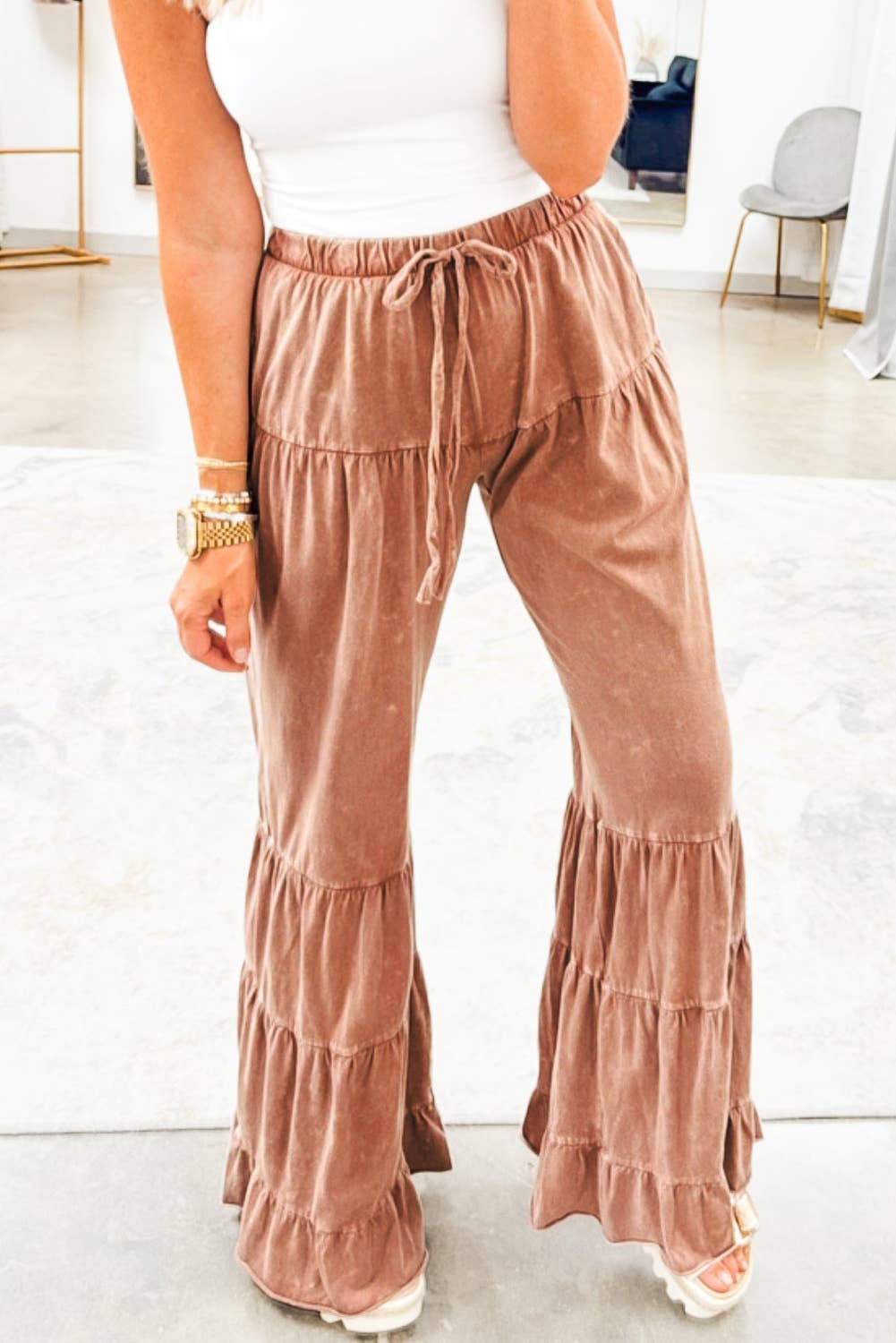 Straw Yellow Mineral Wash Lace-up High Waist Tiered Bell Bottom Pants for wholesale on Faire