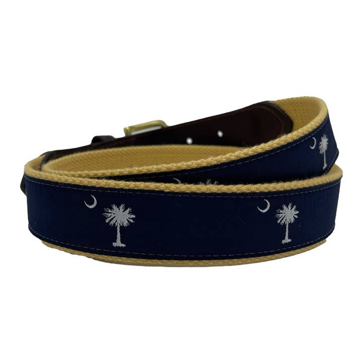 Charleston Belt - Wholesale Belt - Unisex - Navy on Khaki - South Carolina Crescent Moon Palmetto Belt