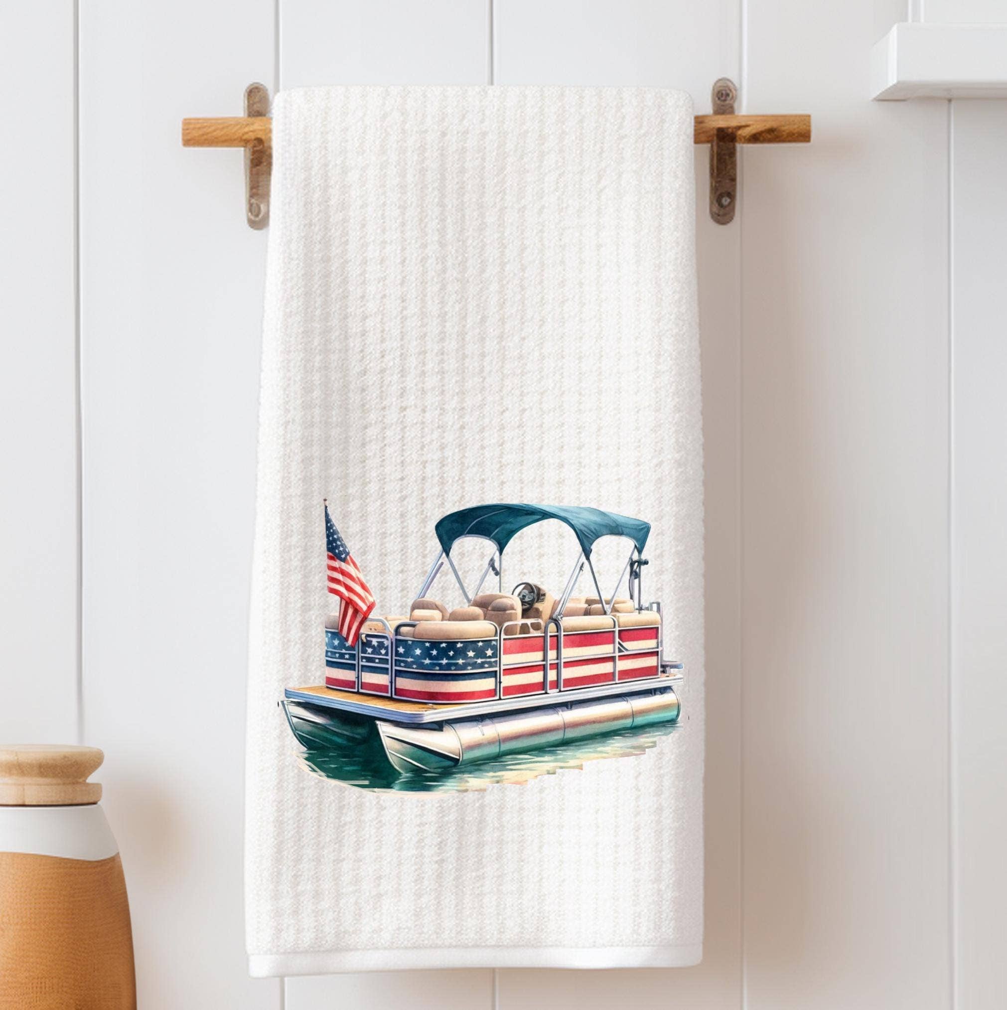 Cottage & Club - Wholesale Tea Towel - Preppy Patriotic Tea Towel Set | Red, White & Blue American Decor | 4th of July Decorations  Pontoon Boat Custom Name Kitchen Decor Gift4