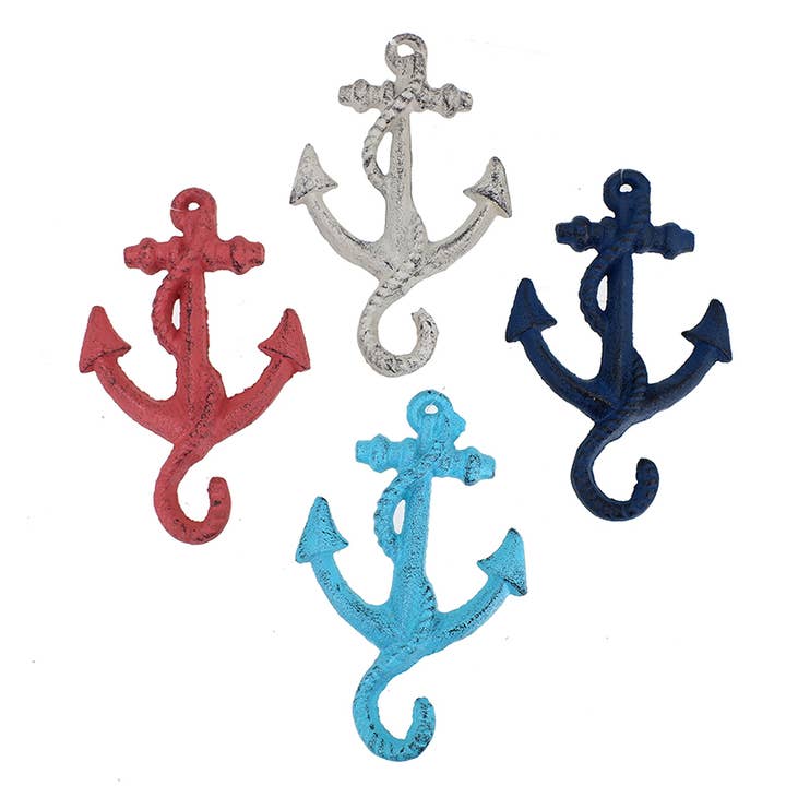 5.75" Anchor with Rope - Cast Iron Wall Hooks - 4 Assorted for wholesale by CB Home Collection
