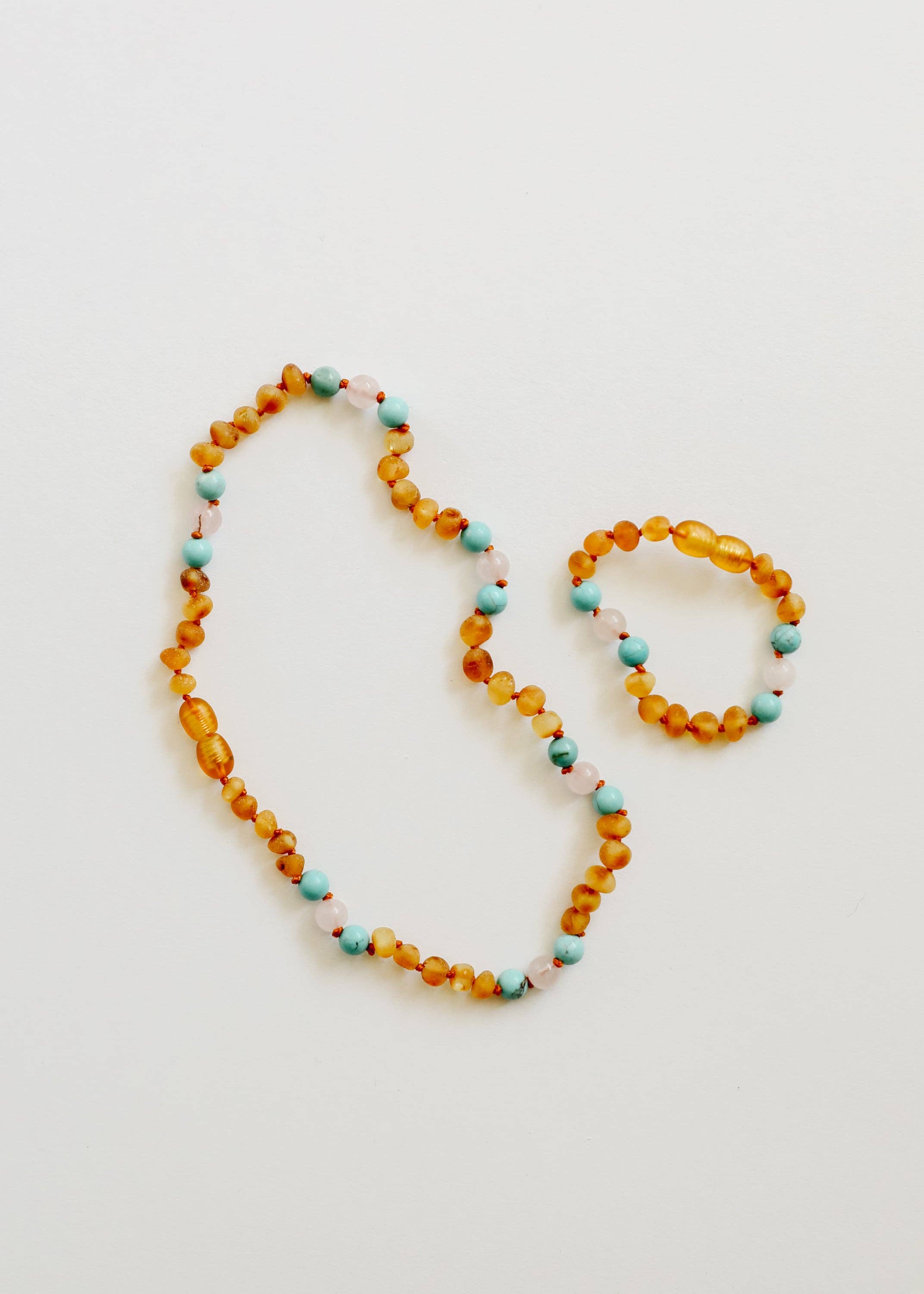 CanyonLeaf - Wholesale Beaded/Pearl Necklace - Raw Honey Baltic Amber + Turquoise + Rose Quartz || Necklace2