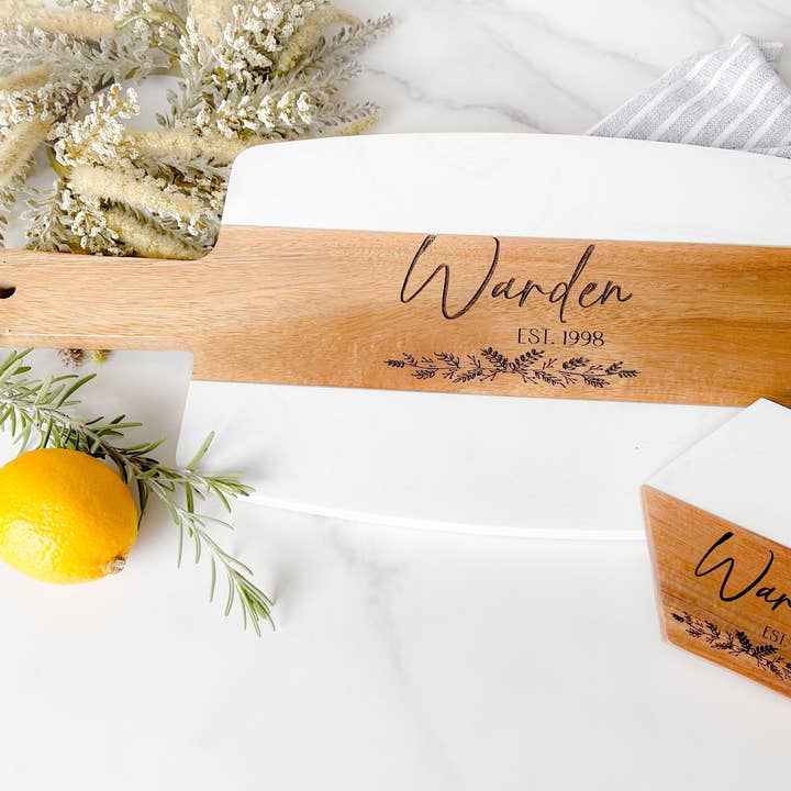 Personalized Wood and Marble Cutting Board and Coasters for wholesale by Woobie Beans Jewelry, Gifts & Apparel
