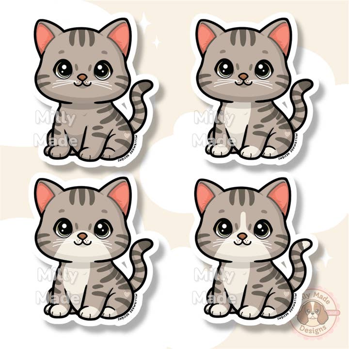 Lichtgrijze Zilveren Korthaar Tabby Kat Sticker | Schattige Cartoon Vinyl Decal | Duurzaam | Voor Laptops, Dagboeken | Cadeau voor Kattenliefhebbers voor wholesale door Milly Made Designs