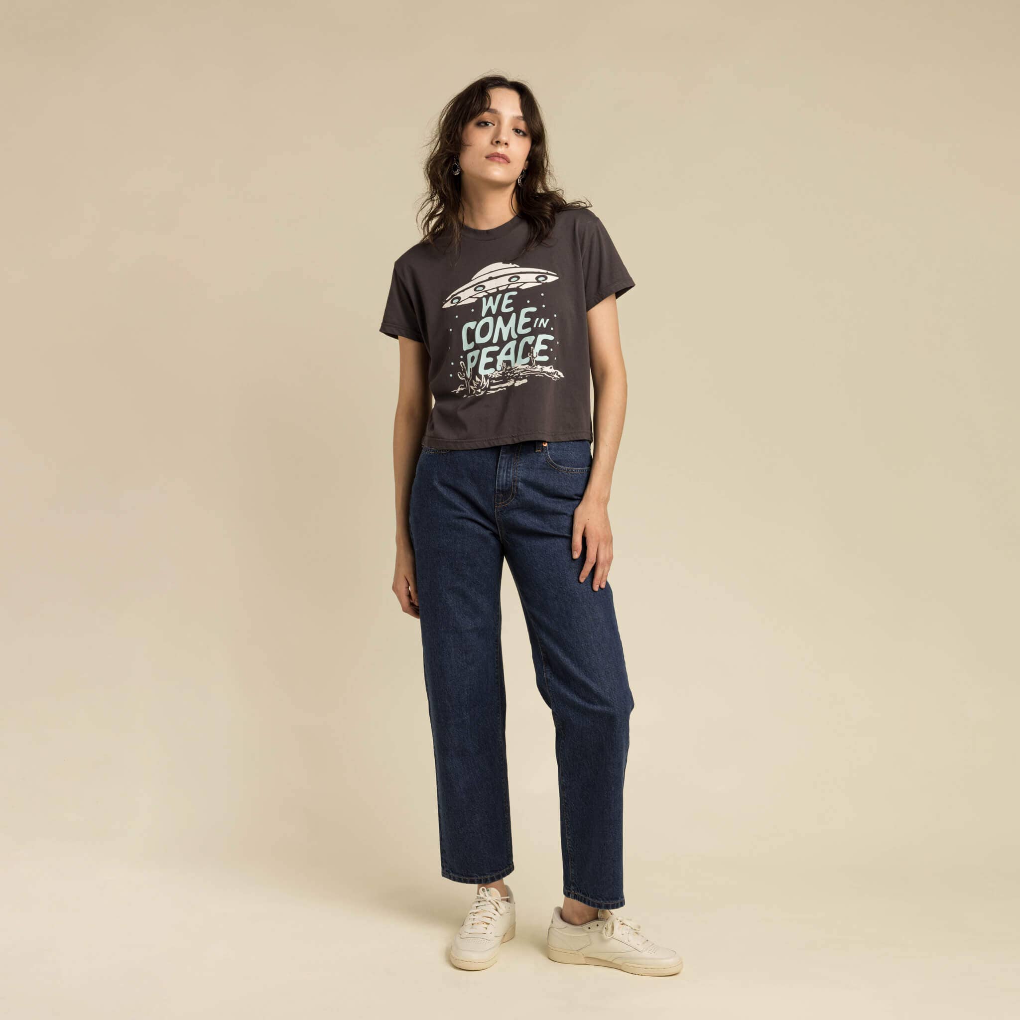 Sendero Provisions Company - Wholesale Screen Printed T-Shirt - Unisex - We Come In Peace Crop Tee1