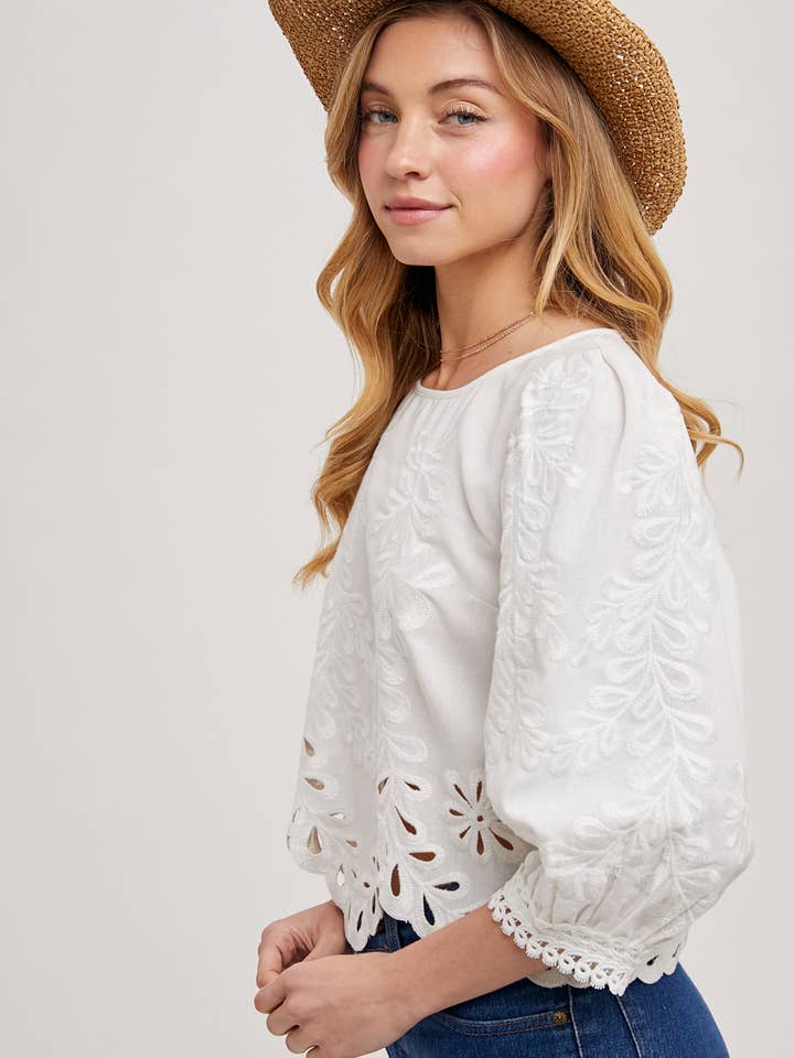 Bluivy - Wholesale Blouse - Women's - LACE CUTOUTS BOTTOM HEM BUBBLE SLEEVED TOP - EASTER DAY4