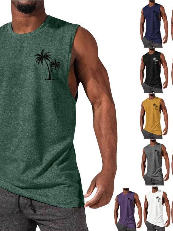 Canotta Ricamata con Albero di Cocco Estate Spiaggia Canottiera Allenamento Muscoli Uomo Sport Fitness Maglietta per la vendita all'ingrosso da parte di Kustom Kreations Goods