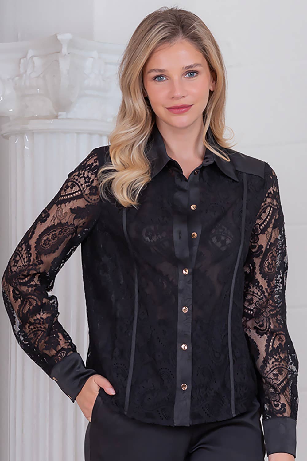 Black WT4186T-Paisley lace long sleeve with satin trim detail  for wholesale on Faire1