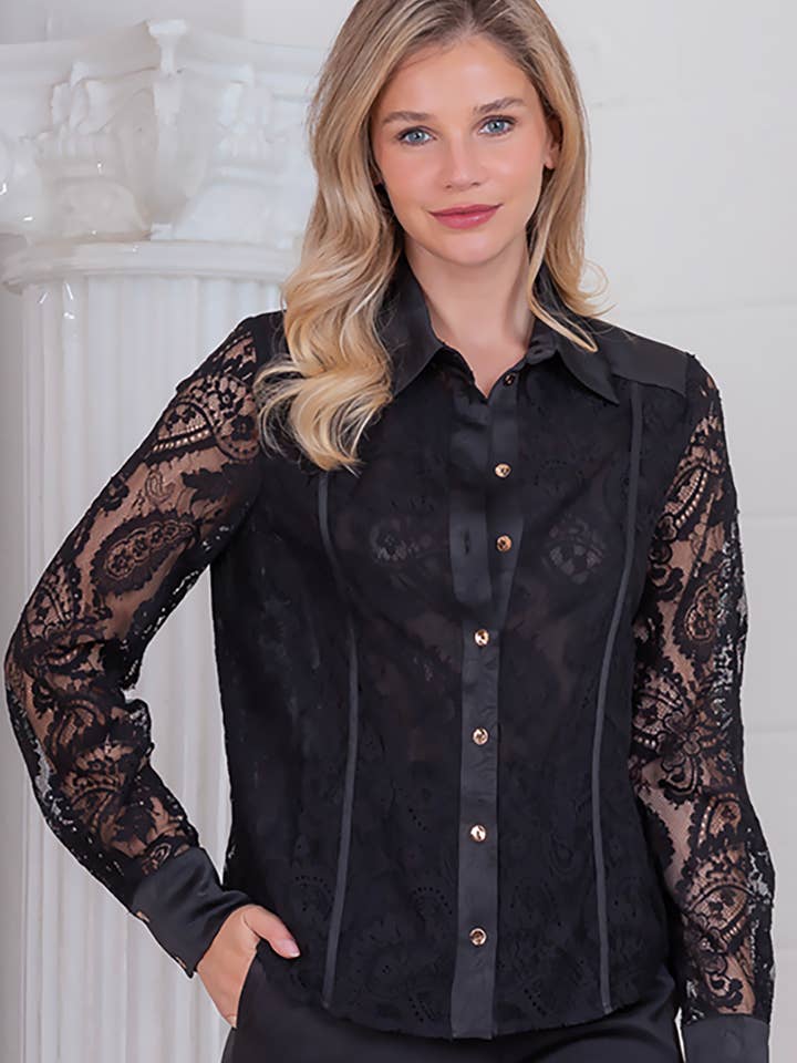 Schwarz WT4186T-Paisley-Langarmshirt aus Spitze mit Satinbesatz für den Großhandel auf Faire1