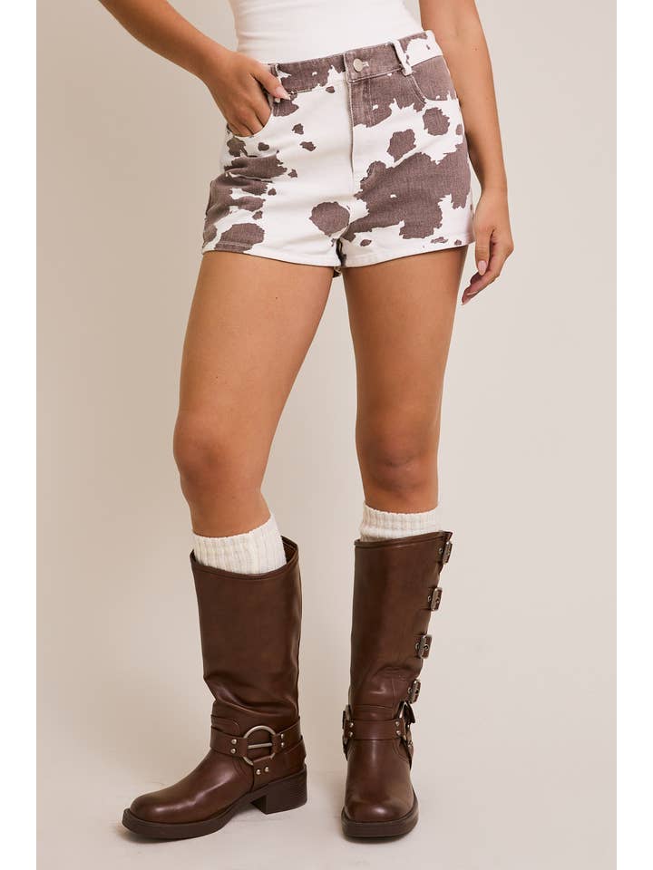 WHITE BROWN ANIMAL COW PRINT SHORTS for wholesale on Faire