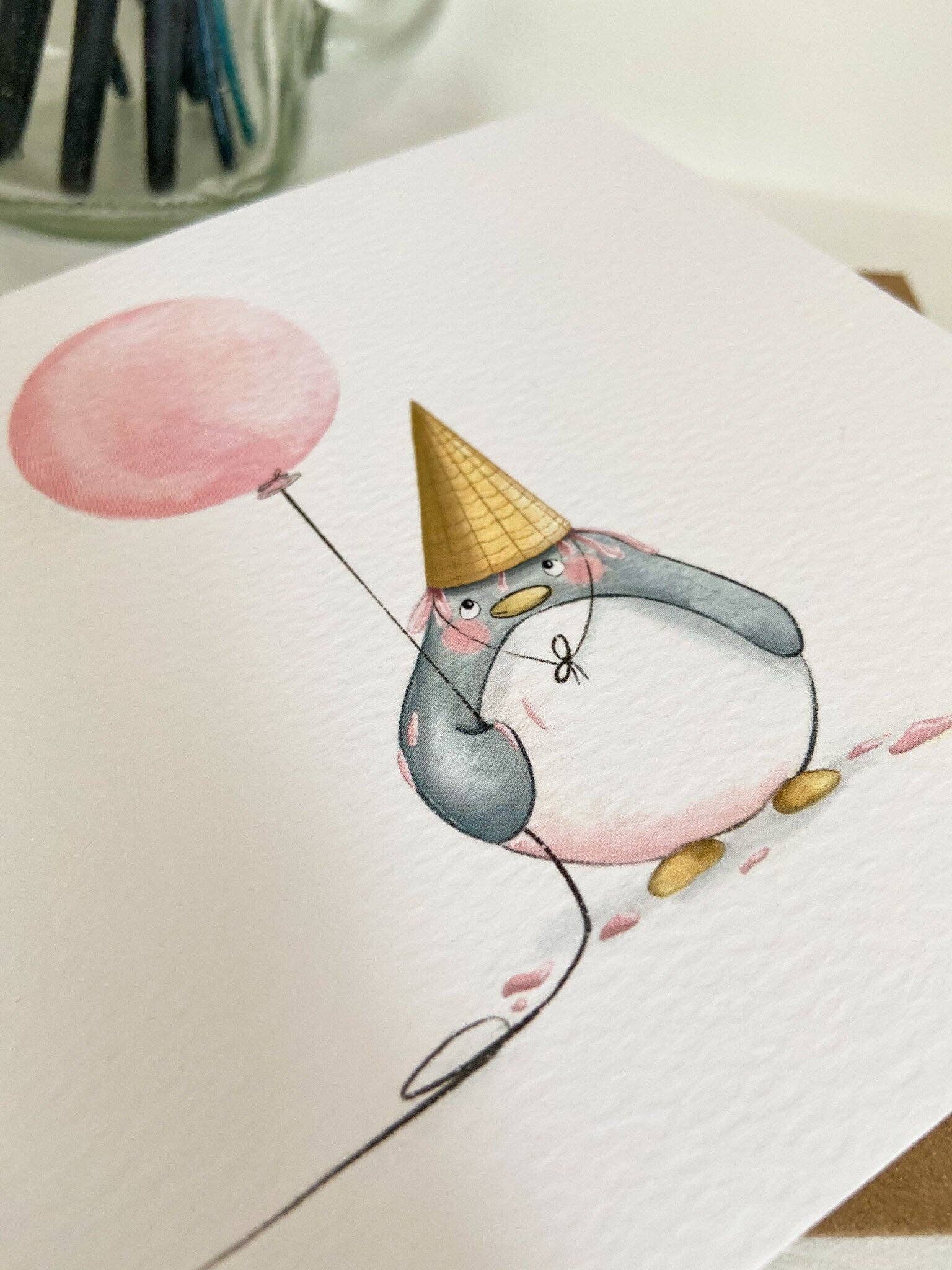 PrettyLittleScribbles - Wholesale Everyday Greeting Card - Penguin & Pink Balloon Card3
