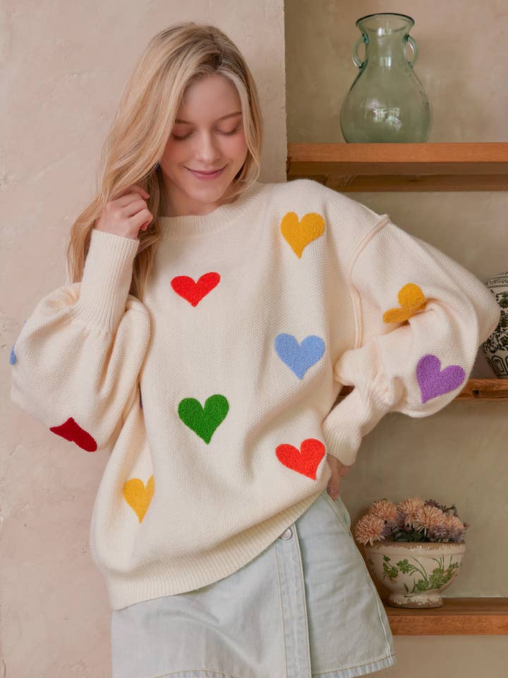 Heart Shaped Patterns Front Round Neck Sweater for wholesale by Mello.