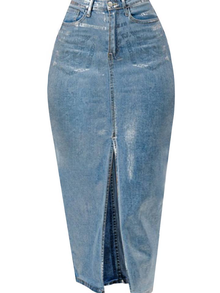 NS7018A Coated High Waist Front Slit Denim Maxi Skirt for wholesale by NEWGENS