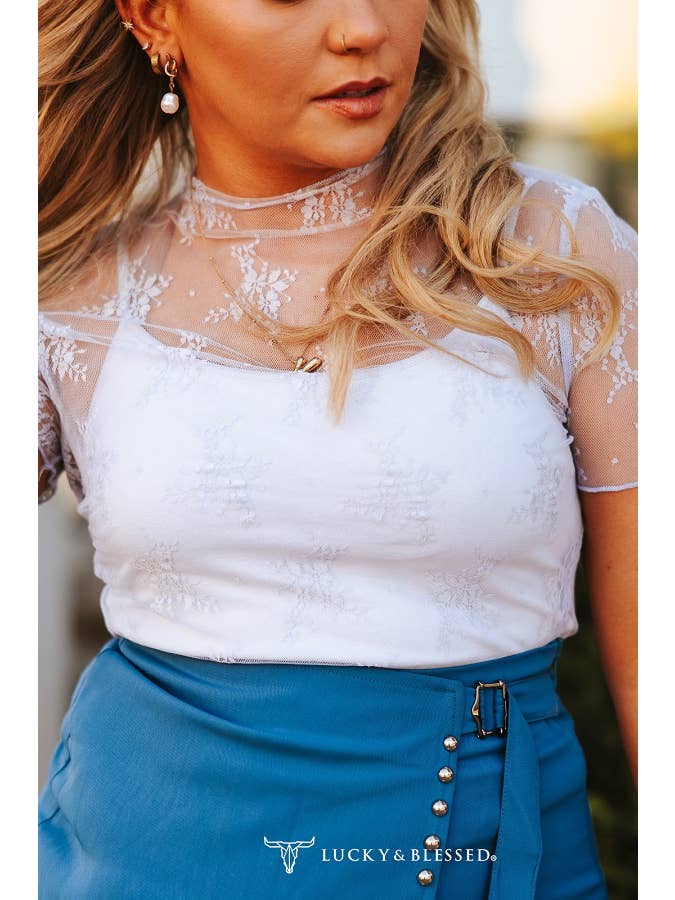 LUCKY & BLESSED - Wholesale Blouse - Women's - Plus Size Lavender Lace Short Sleeve Stretch Top1