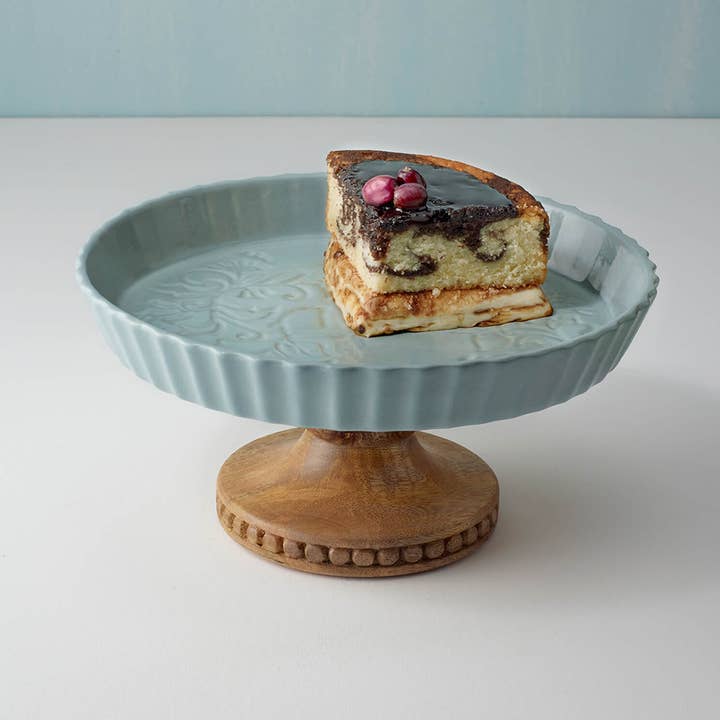 Upper Crust Cake Stand with Server – Aqua Blue Ceramic for wholesale by Indriya Home