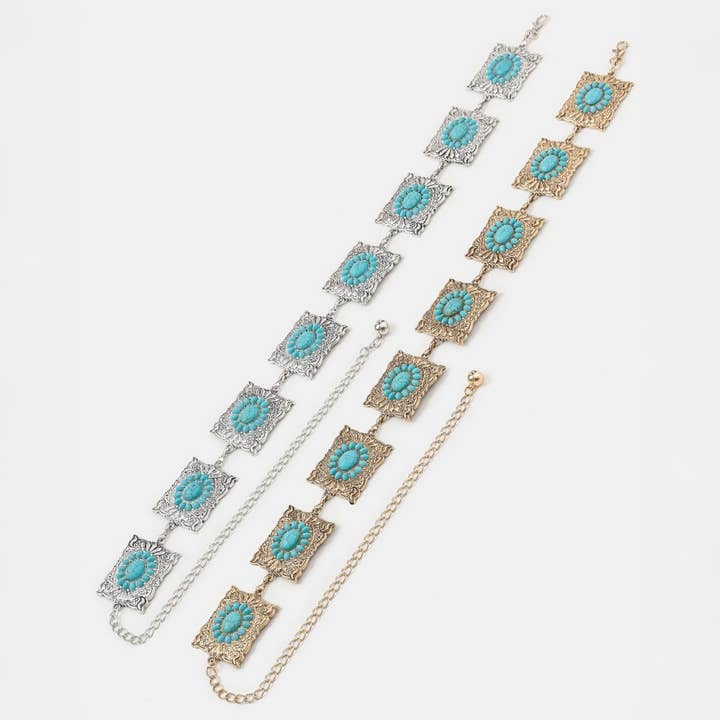 Cinto de Corrente com Concho Quadrado Ornado de Aglomerado de Turquesa Ocidental por atacado de Collections by Fame Accessories