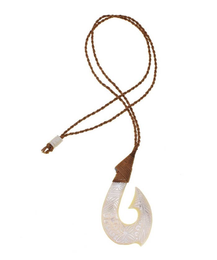 DK Hawaii - Wholesale Pendant/Charm Necklace - Tribal Carved Mother of Pearl Fish Hook Pendant Necklace 1