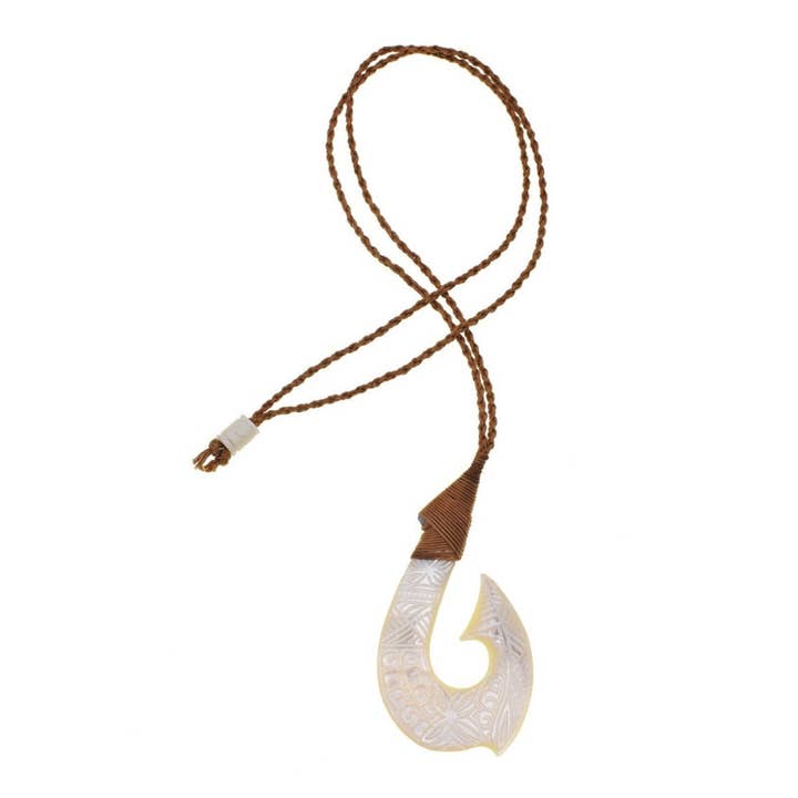 DK Hawaii - Wholesale Pendant/Charm Necklace - Tribal Carved Mother of Pearl Fish Hook Pendant Necklace 1