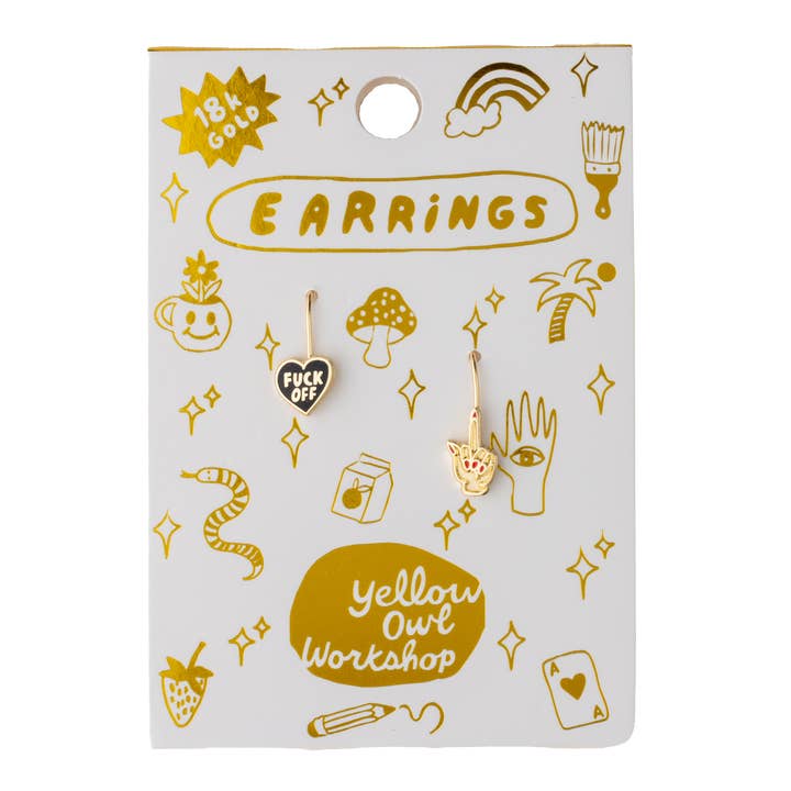 Yellow Owl Workshop - Wholesale Dangle Earrings - F*ck Off Heart & Middle Finger Earrings - Gold Swear Word1