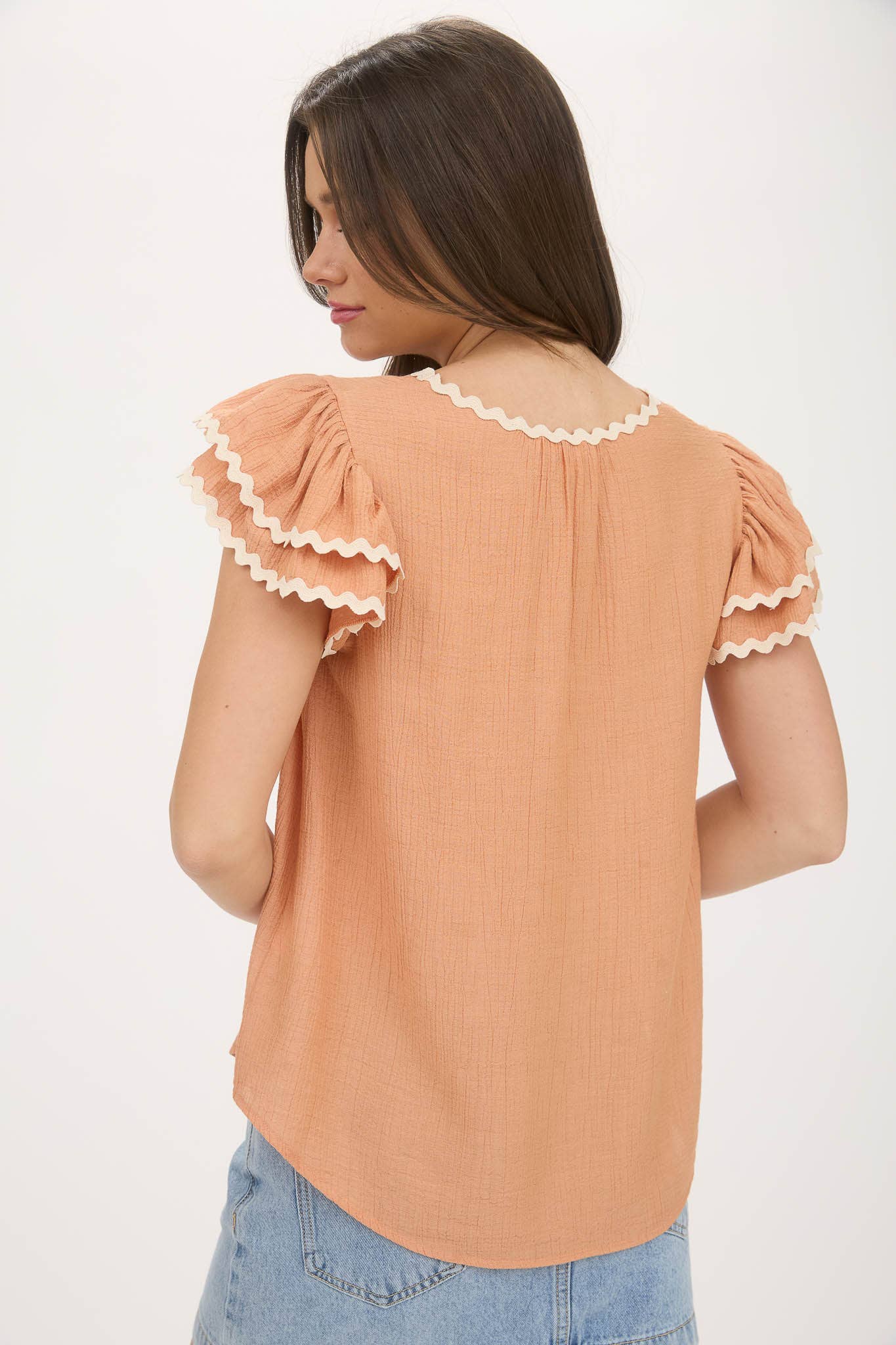 MINE - Wholesale Blouse - Women's - V NECK WAVY TRIM RUFFLE SLEEVE TOP6