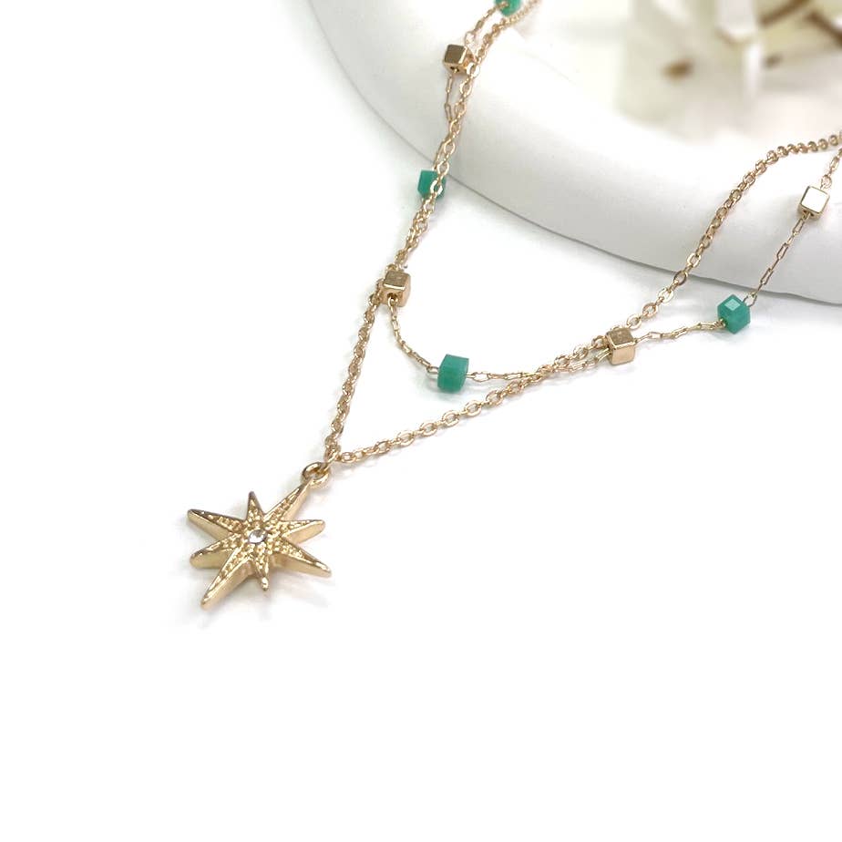 StarryNYC - Wholesale Pendant/Charm Necklace - Starburst Pendant w/ CZ Stone 2 Low Square Beaded Necklace2