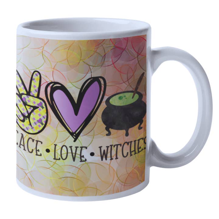 Tazza da caffè Peace Love Witches da 11 oz per la vendita all'ingrosso da parte di Eye of Toad, LLC