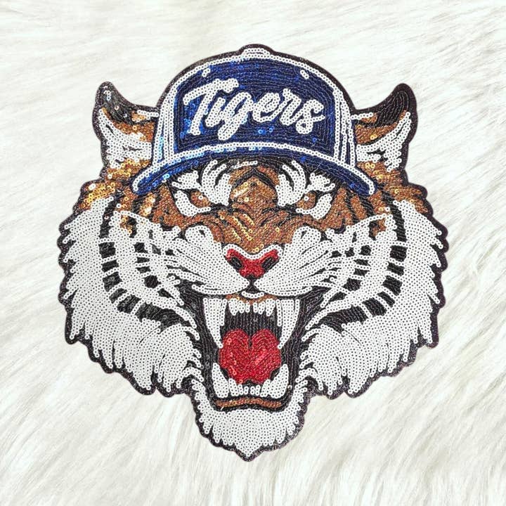 Scratch Decor - Wholesale Patch - Tigers Mascot with Hat Sequin on Black Glitter Large Iron On Patch0