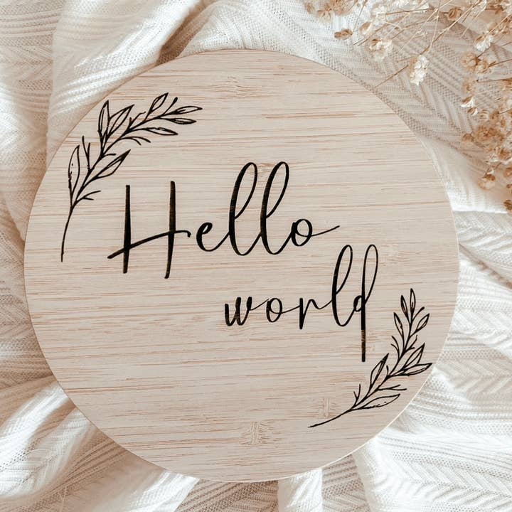 Hello world neutral baby sign for wholesale by Penny and Co Collections