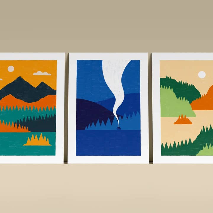 Set of 3 Pencil Landscapes for wholesale by Clare Lewis Illustration