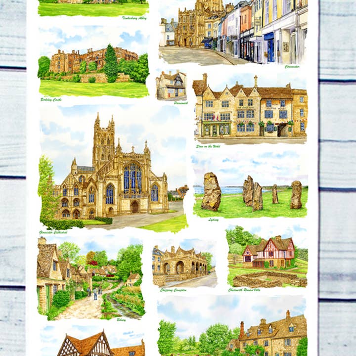 Gloucestershire multi image .Cotton Tea Towel, for wholesale by Robinson Collection