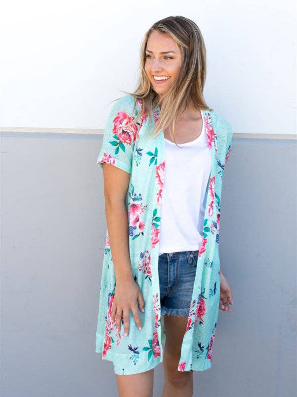 Tickled Teal – Engroshandel Cardigan - Dame – Blomstret kortærmet gennemsigtig strik cardigan6