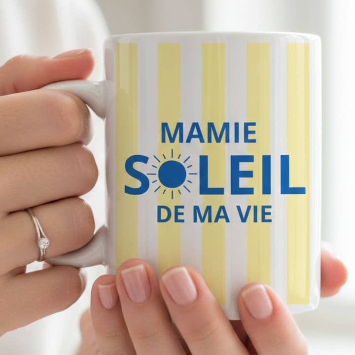 Mug Mamie Soleil de ma vie - Rayures Jaune pour la vente par les bambetises