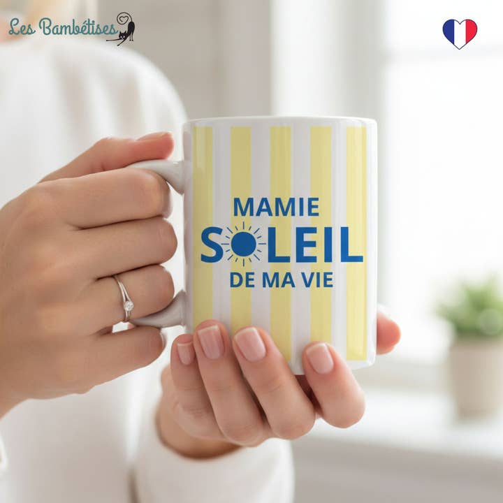 Mug Mamie Soleil de ma vie - Rayures Jaune pour la vente par les bambetises
