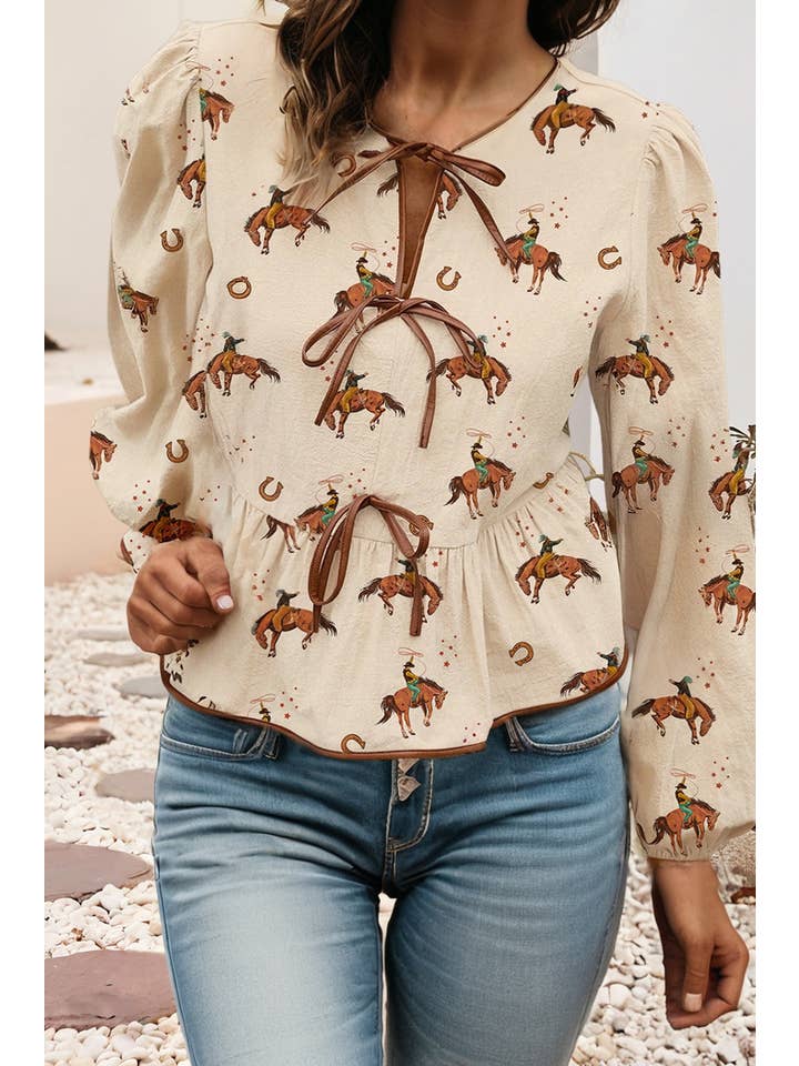 Apricot LDC Western Rodeo Print Tied Front Puff Sleeve Peplum Top for wholesale on Faire